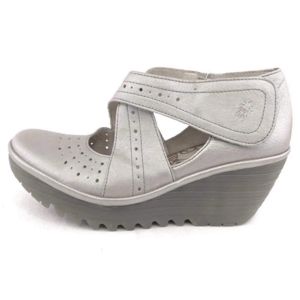 Fly London Silver Leather Wedge Mary Jane